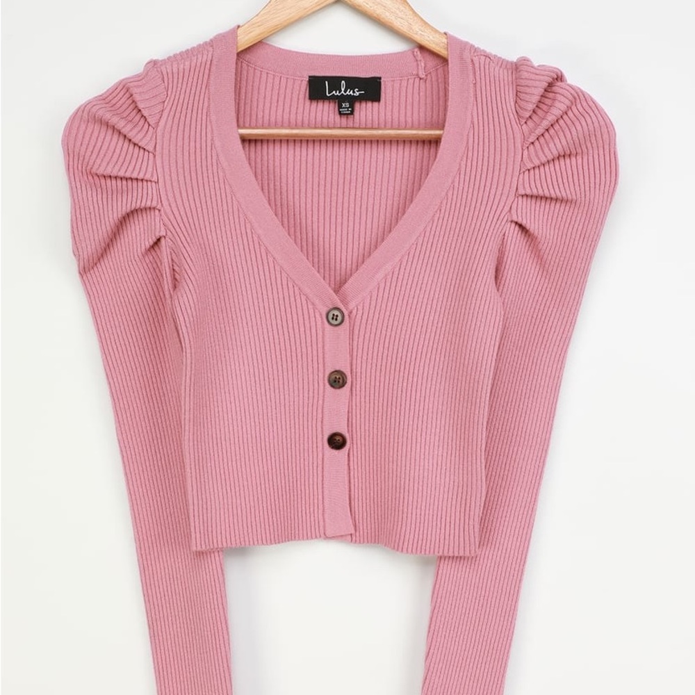 LULUS At First Crush Mauve Pink Puff Shoulder Cropped Cardigan Sweater - Picture 5 of 10